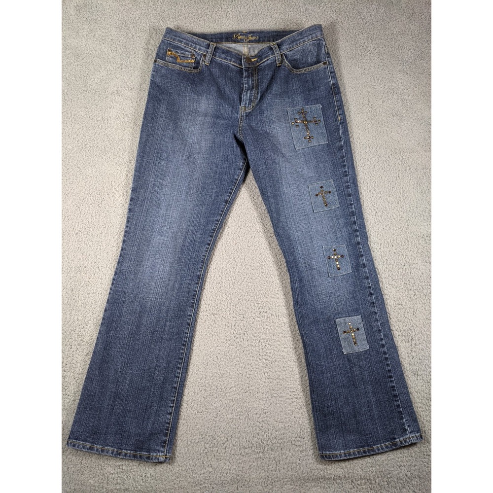 Ivy Jane Lena Bootcut Jeans Womens 34x30.5 Blue Studded Rhinestone Crosses